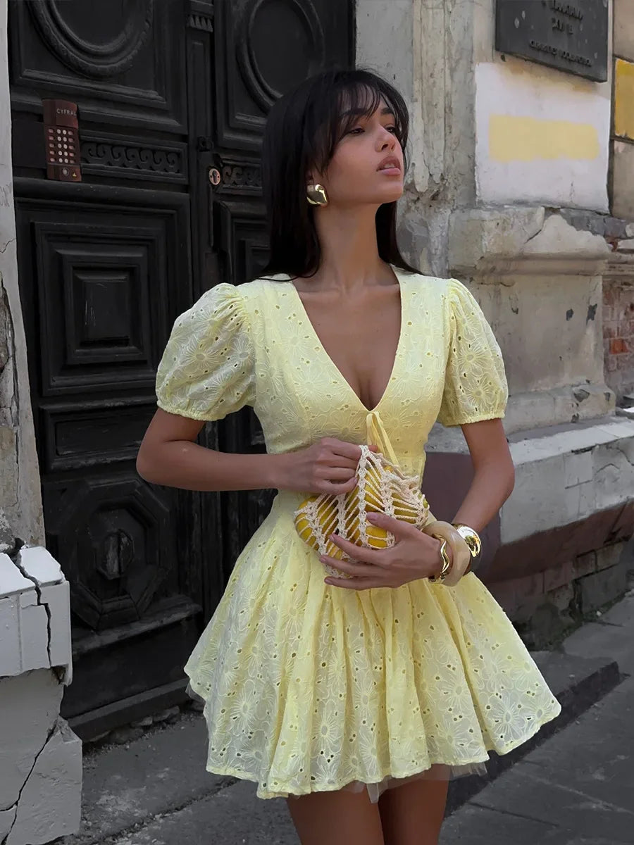 Wolfeel  2025 Summer New Women's Cotton Embroidered Dress Bubble Sleeve V-neck Mini Skirt  Slimming Waist Dresses