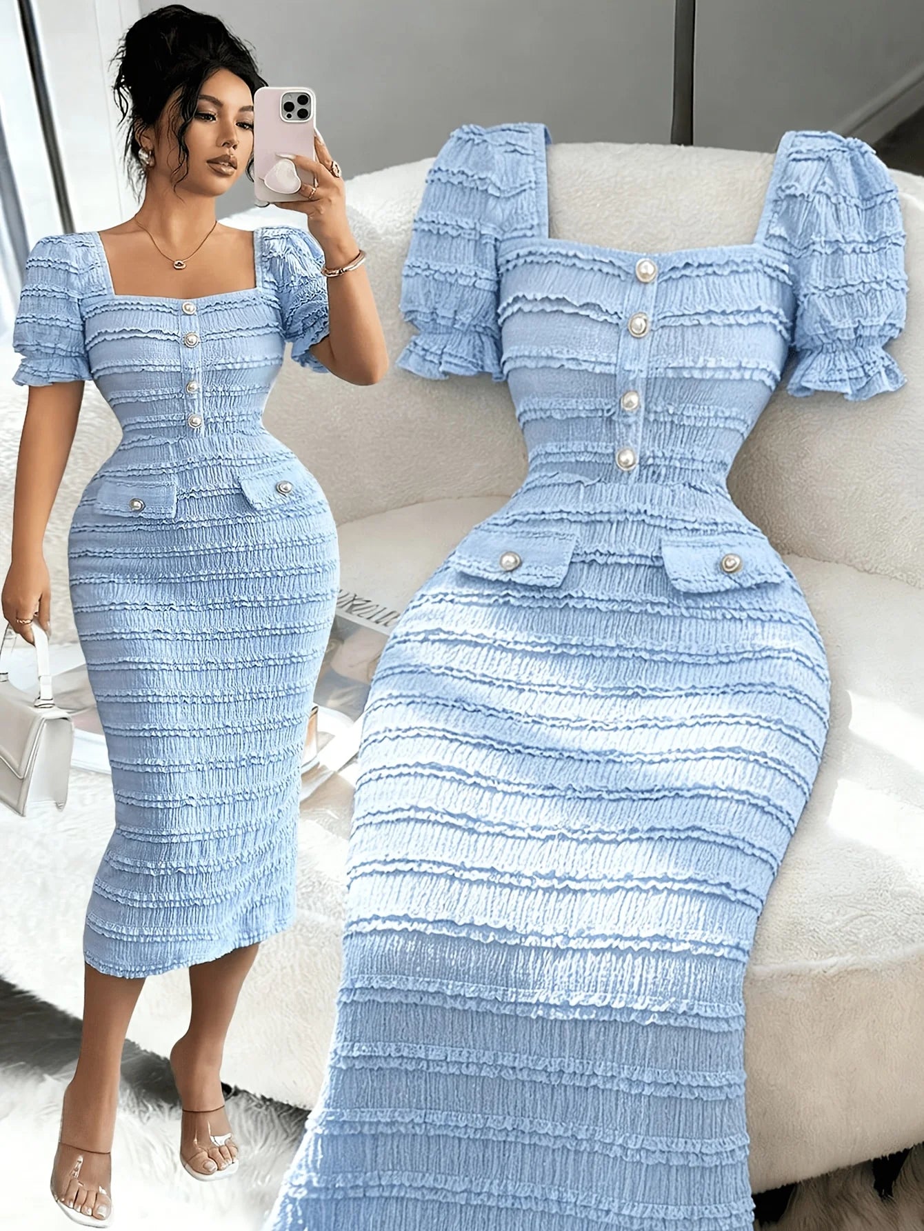 New Arrival Square Neck Short Sleeve Texture Knit Dress Elegant Versatile Slim Fit Midi Skirt Suitable for Women's Wear