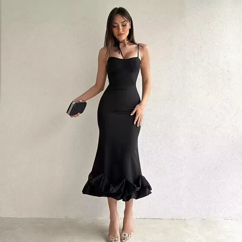 Sexy Sleeveless Backless Midi Dress Women  Summer Fashion Bodycon Elegant Ruffles Eged Birthday Party Club Pencil Dess