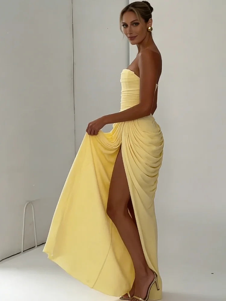 Women Solid Pleated Sexy Strapless Dress Lady Chic Off-shoulder Backless High Waist Split Dresses 2026 New Evening Party Gown