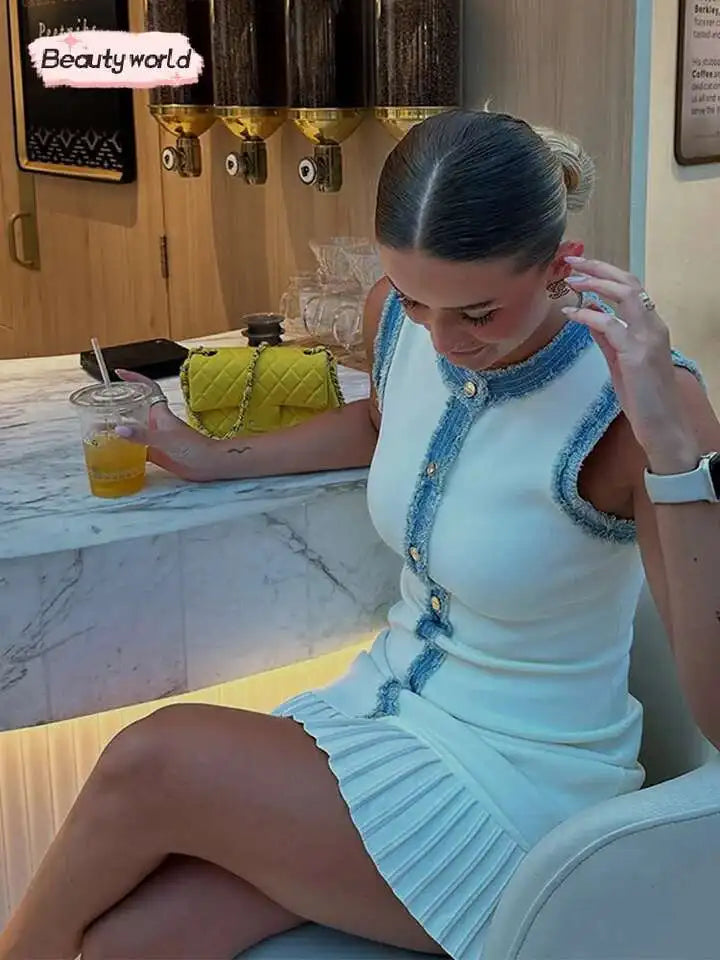 Women Elegant Pleated Patchwork Knitted Mini Dress Lady Round Neck Sleeveless Single Breasted Sleeveless Dresses Fashion Vestido
