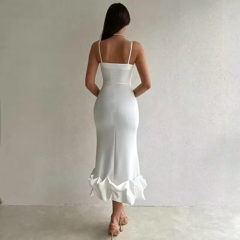 Sexy Sleeveless Backless Midi Dress Women  Summer Fashion Bodycon Elegant Ruffles Eged Birthday Party Club Pencil Dess